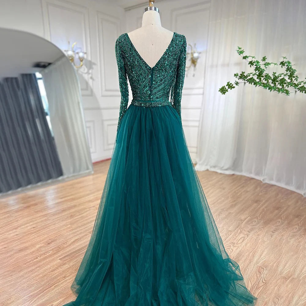 Luxury Blue Modest Mermaid Evening Dress with Detachable Skirt