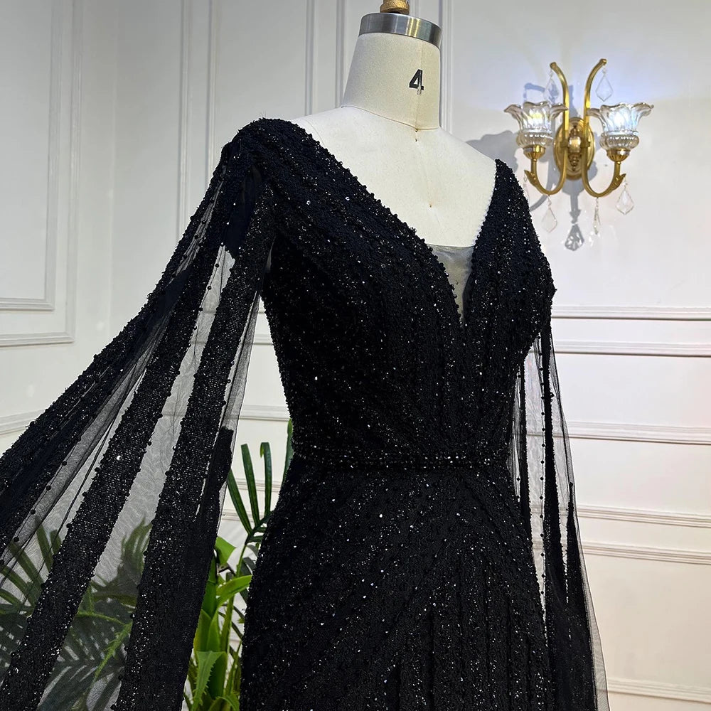 Luxury Black Arabic A-Line Evening Gown with Cape Sleeves