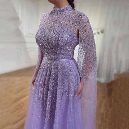 Blue A-Line Evening Dress with High-End Beaded Cape Sleeves