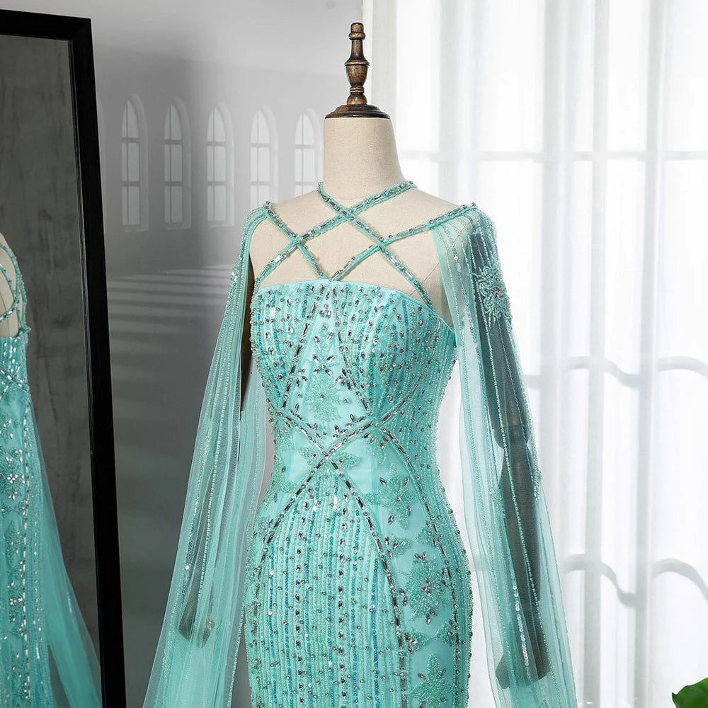 Arabic Luxury Dubai Blue Mermaid Evening Gown with Cape Sleeves