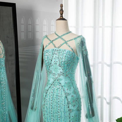 Arabic Luxury Dubai Blue Mermaid Evening Gown with Cape Sleeves