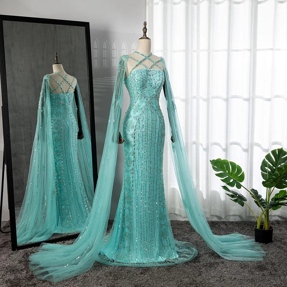 Arabic Luxury Dubai Blue Mermaid Evening Gown with Cape Sleeves