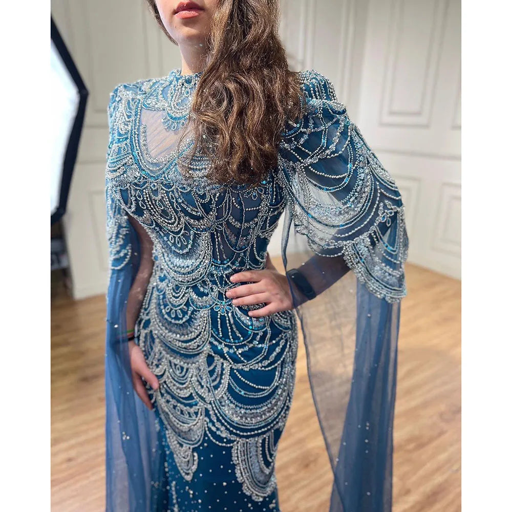 Vestidos de noche formales con cuentas de encaje de sirena azul árabe con capa para mujer vestidos de fiesta de graduación de boda