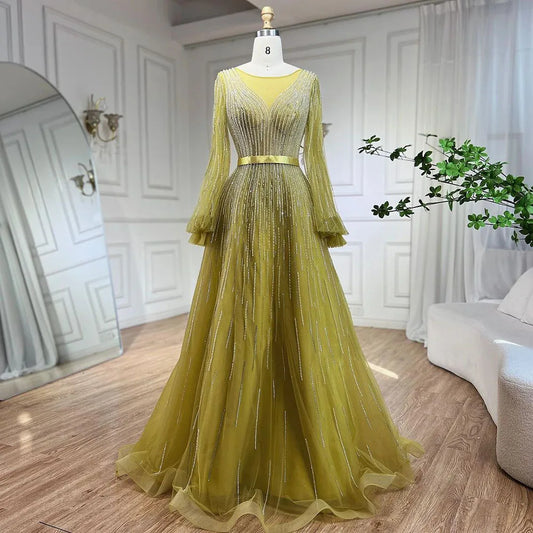 Golden Sands: Arabic Yellow A-Line Beaded Luxury Evening Dress