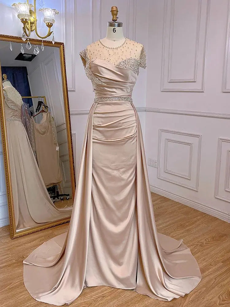 Selene  Arabic Nude Mermaid Elegant Satin With Overskirt Evening Dresses Gowns Luxury Beaded