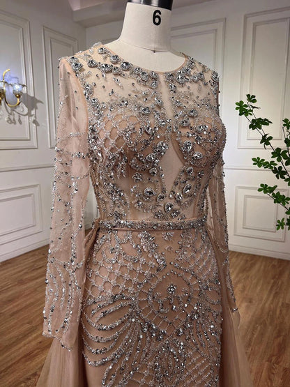 Silver Nude Mermaid Over Skirt Beaded Luxury Evening Dress