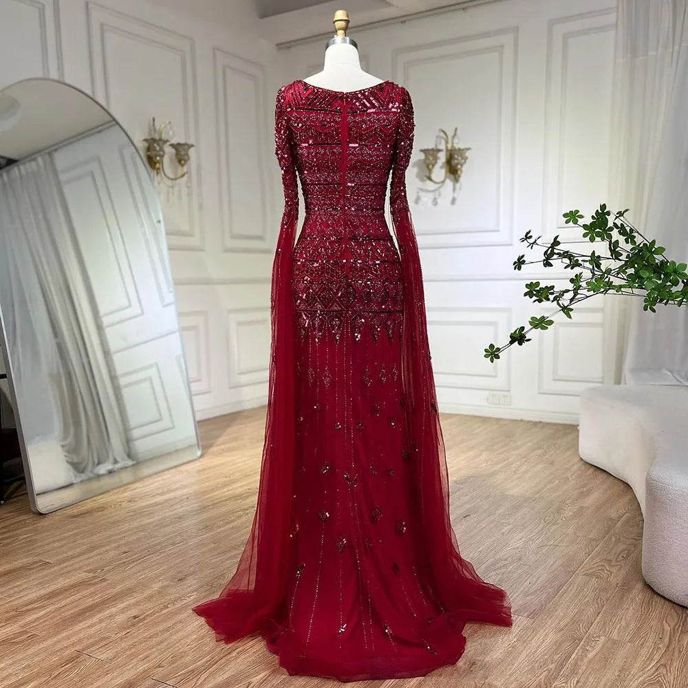 Beaded Cape Sleeves Design Mermaid Long Evening Dresses Gowns