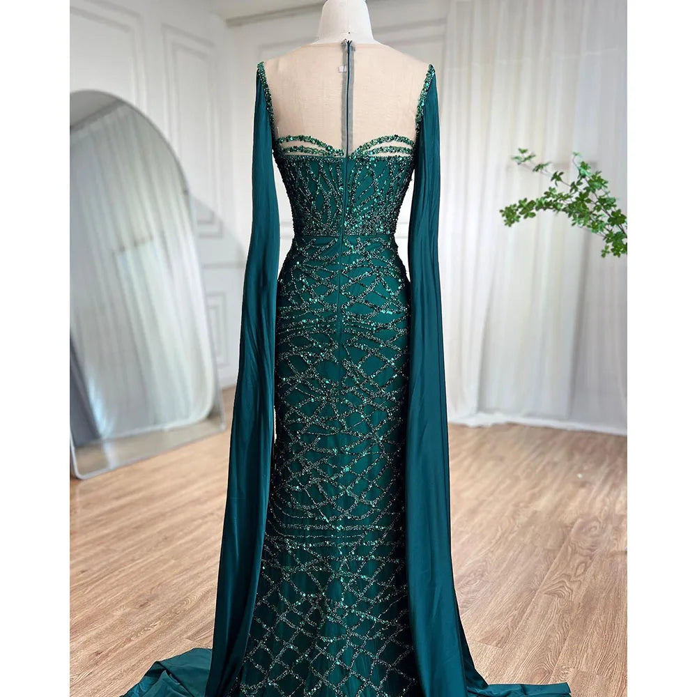 Cape Sleeves Luxury Evening Dresses Gowns Mermaid Beaded Elegant