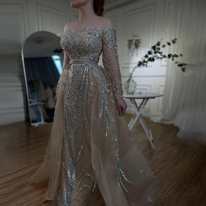 Modest Nude Mermaid Evening Gown with Overskirt and Dubai-Style Beading