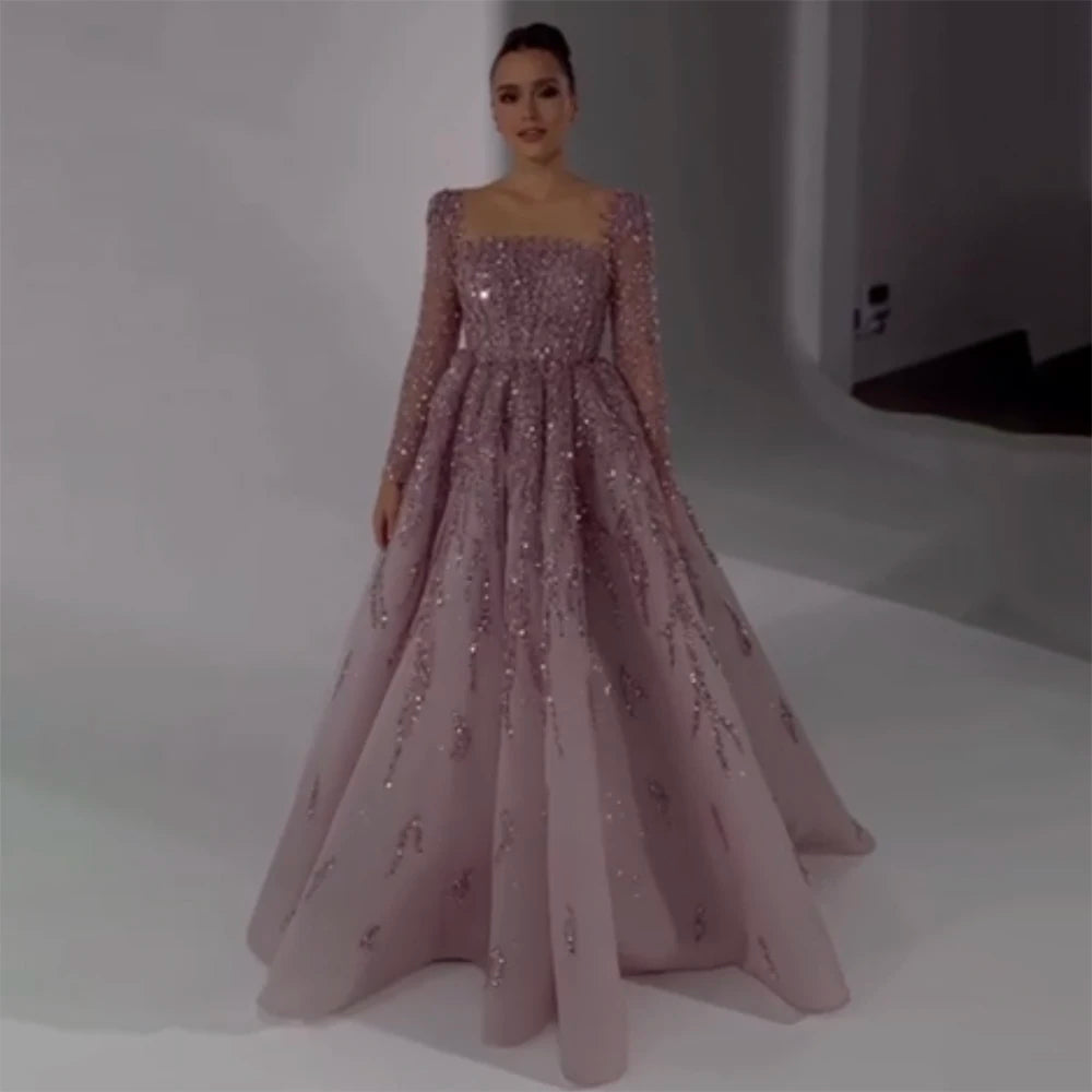 Modest Pink A-Line Beaded Luxury Evening Dress