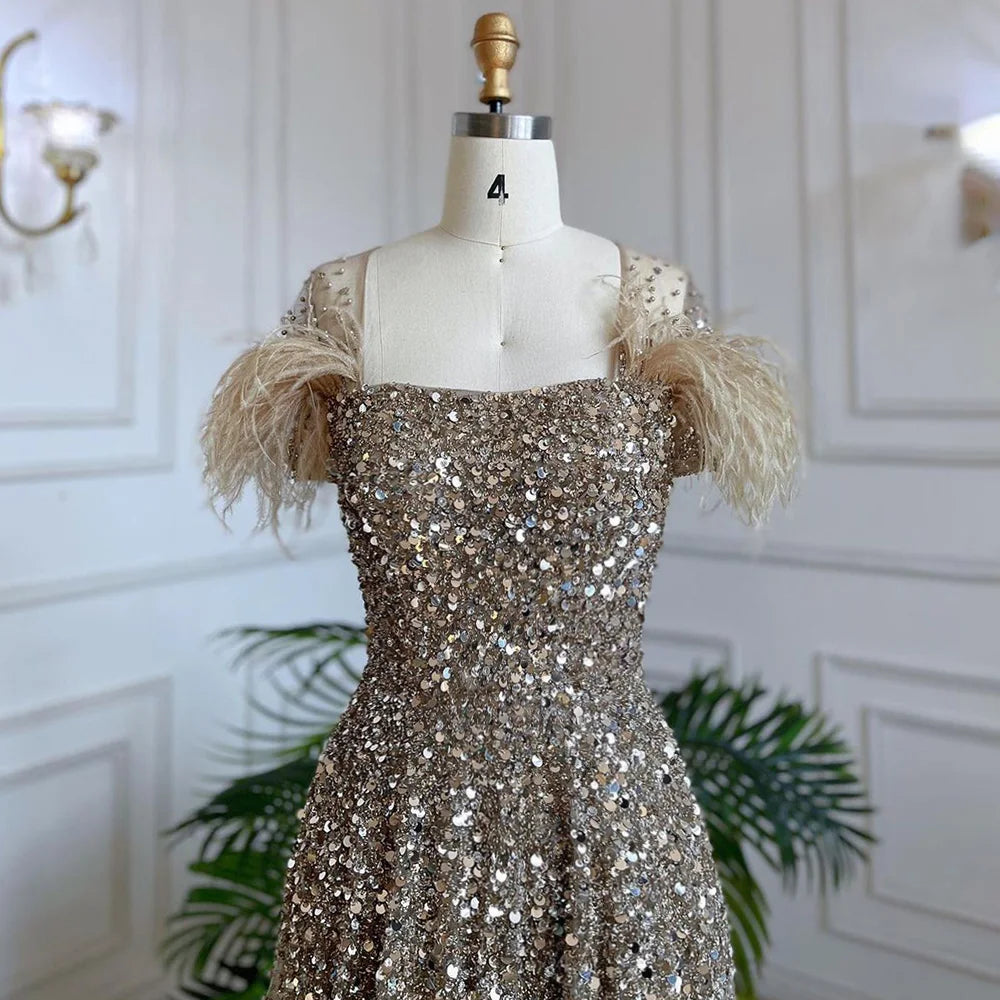 Luxury Caramel A-Line Evening Gown with Feather Beading