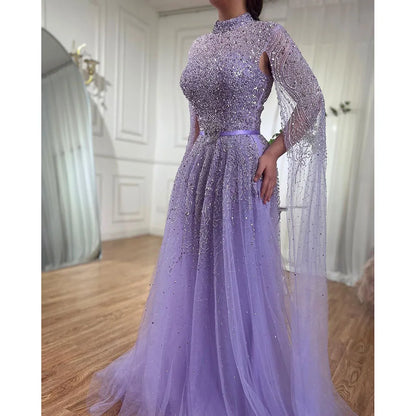 Blue A-Line Evening Dress with High-End Beaded Cape Sleeves