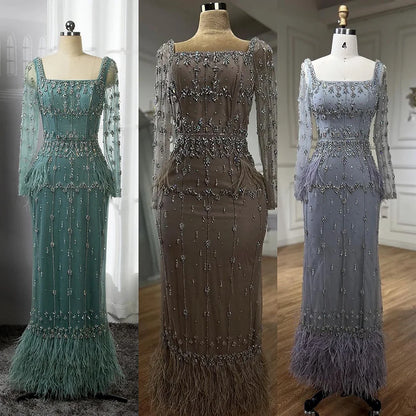 Modest Turquoise Mermaid Elegant Evening Dresses Gowns Luxury Beaded Feather