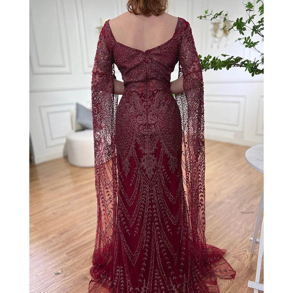 Luxury Cape Sleeve Evening Dresses Gowns Beaded Mermaid Elegant Up