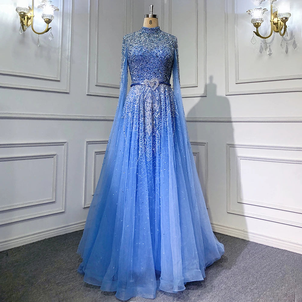 Blue A-Line Evening Dress with High-End Beaded Cape Sleeves