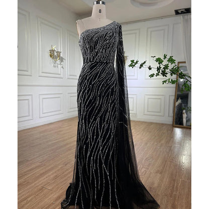 Black Mermaid Evening Gown with Elegant Cape Sleeves