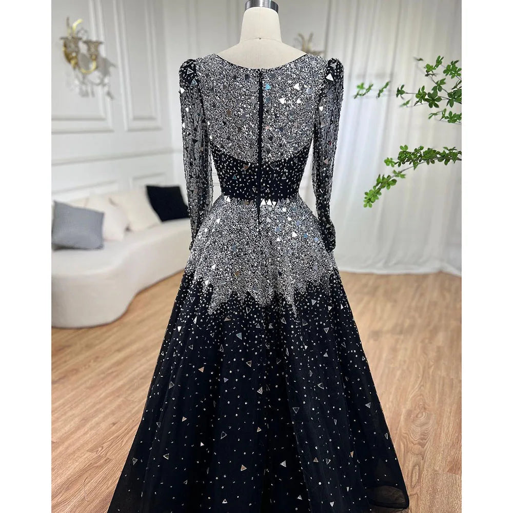 Luxury Modest Black A-Line Evening Gown with Sequined Beading