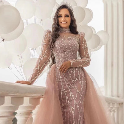 Modest Pink Long Sleeve High Neck Luxury Sequined Mermaid Evening Dresses Gowns Elegant