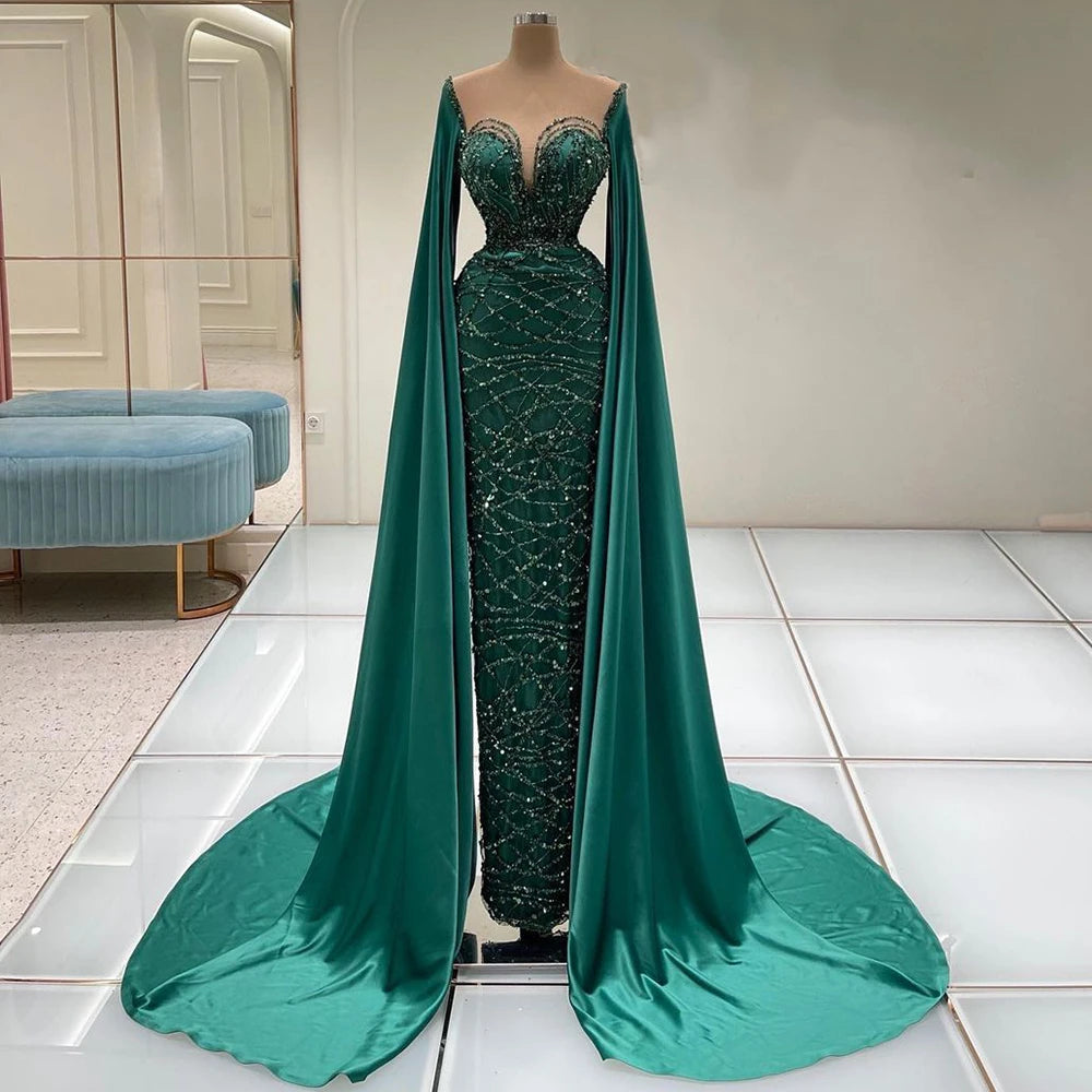 Cape Sleeves Luxury Evening Dresses Gowns Mermaid Beaded Elegant