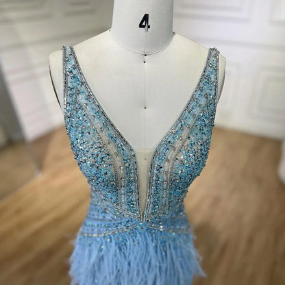 Arabic Blue Mermaid Evening Gown with Cape and Feather Beading