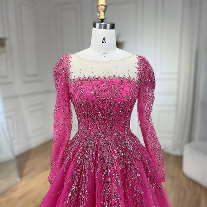 Modest Pink A-Line Beaded Luxury Evening Dress