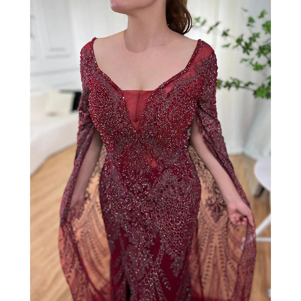 Luxury Cape Sleeve Evening Dresses Gowns Beaded Mermaid Elegant Up