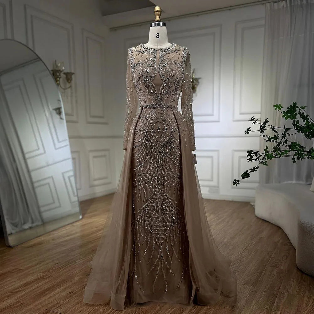 Silver Nude Mermaid Over Skirt Beaded Luxury Evening Dress