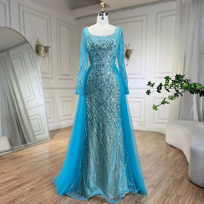 Blue Modest Elegant Mermaid Evening Dress with Overskirt