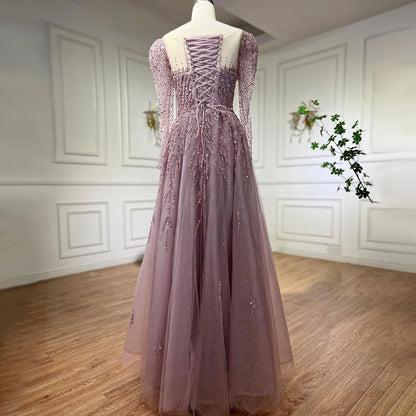 Modest Pink A-Line Beaded Luxury Evening Dress