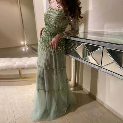 Dubai Arabic Sage Green Mermaid Luxury Evening Gown