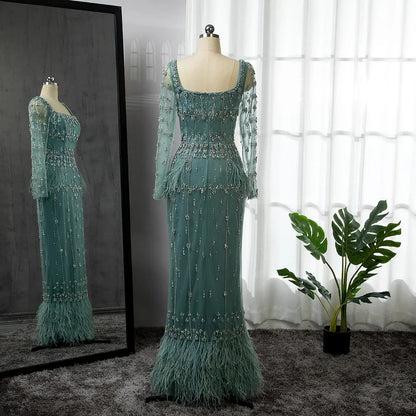 Modest Turquoise Mermaid Elegant Evening Dresses Gowns Luxury Beaded Feather