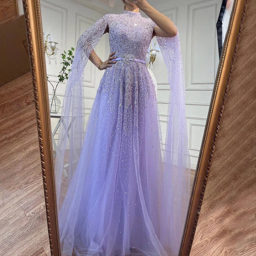 Blue A-Line Evening Dress with High-End Beaded Cape Sleeves