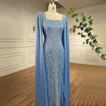 Blue Modest Elegant Mermaid Cape Sleeves Evening Dresses Arabic Beaded Gowns