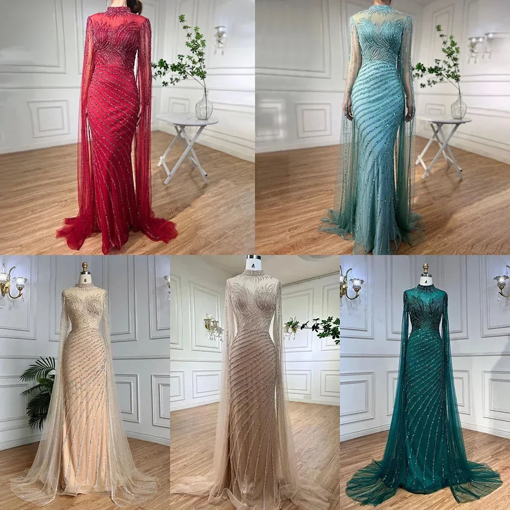 Arabic Caramel Mermaid Cape Sleeves Lace Beaded Long Evening Dresses Gowns