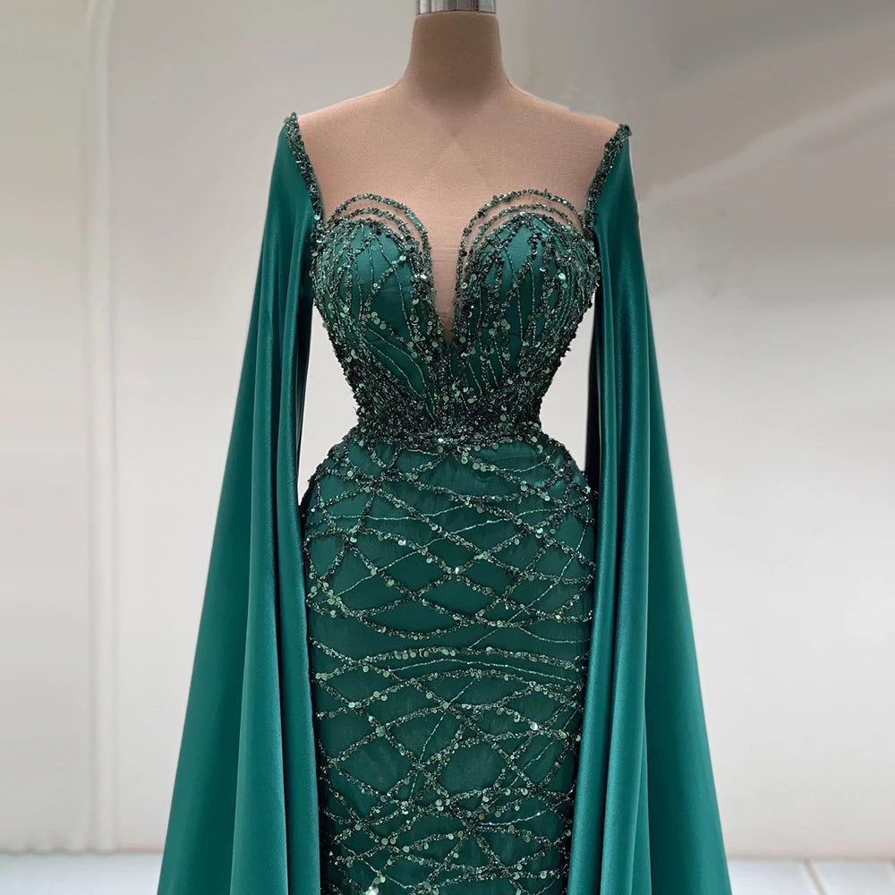 Cape Sleeves Luxury Evening Dresses Gowns Mermaid Beaded Elegant