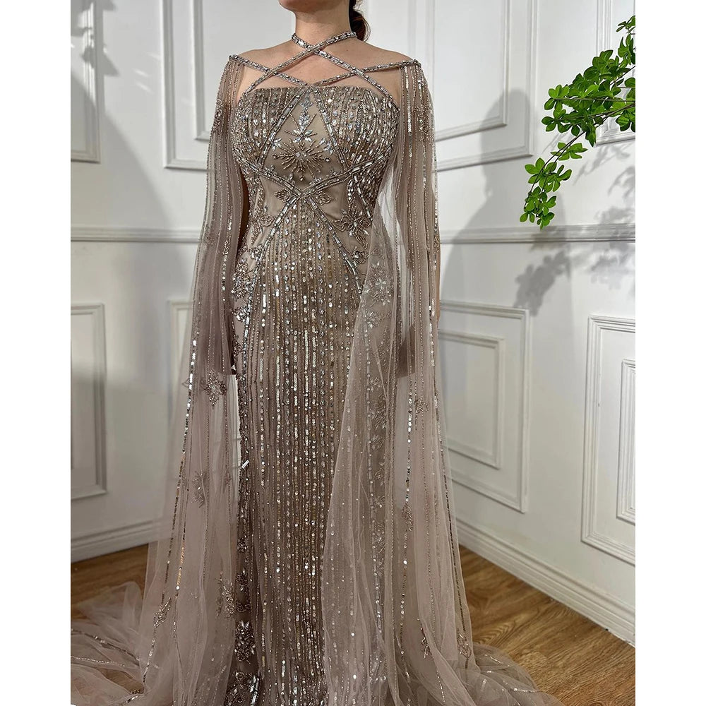 Arabic Luxury Dubai Blue Mermaid Evening Gown with Cape Sleeves