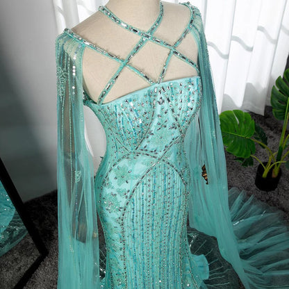 Arabic Luxury Dubai Blue Mermaid Evening Gown with Cape Sleeves