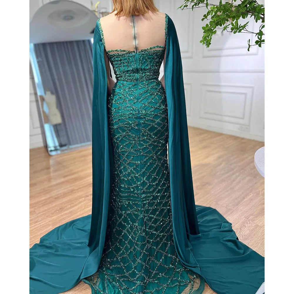 Cape Sleeves Luxury Evening Dresses Gowns Mermaid Beaded Elegant