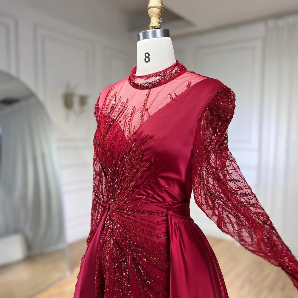 Vestido de noche de sirena de encaje de lujo: Elegancia en rojo vino para veladas australianas S72202