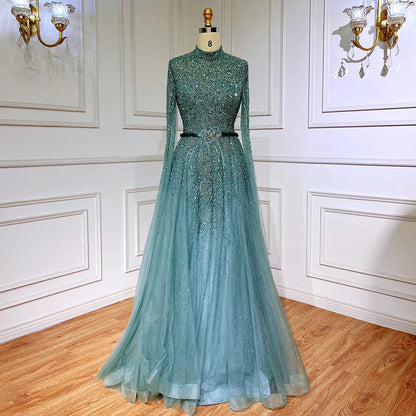 Blue A-Line Evening Dress with High-End Beaded Cape Sleeves