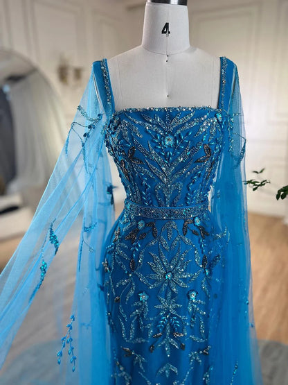 Blue Mermaid Ankle-Length Feather Beaded Evening Dress with Cape