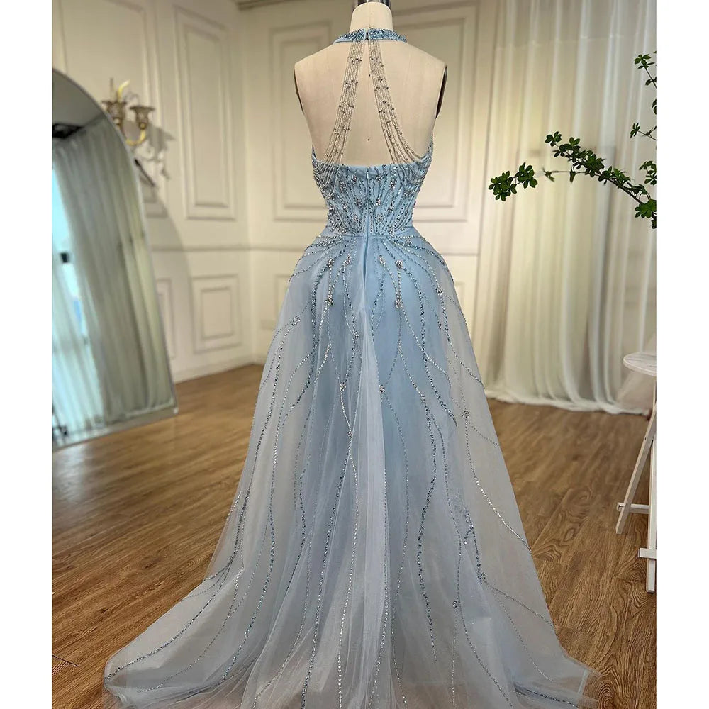 Blue Halter Sleeveless Mermaid Evening Gown with Overskirt