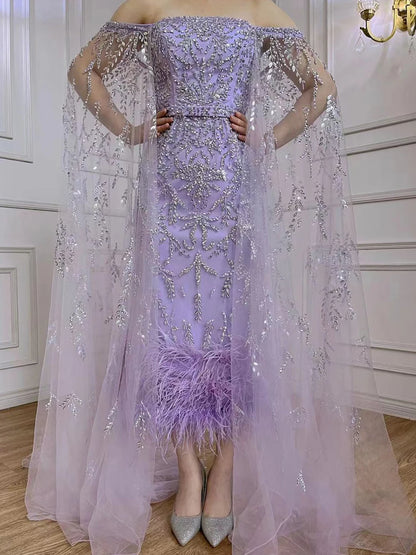 Elegant Lilac Mermaid Ankle-Length Midi Evening Dress with Feather Cape