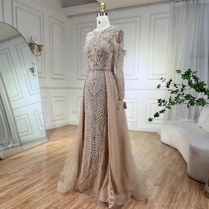 Silver Nude Mermaid Over Skirt Beaded Luxury Evening Dress