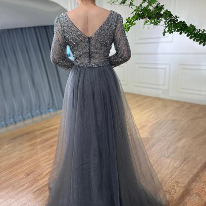 Luxury Blue Modest Mermaid Evening Dress with Detachable Skirt