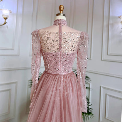 Modest Pink Long Sleeve High Neck Luxury Sequined Mermaid Evening Dresses Gowns Elegant