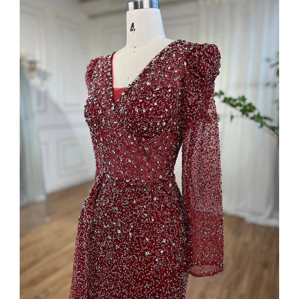 Elegant Modest Wine Red Mermaid Evening Gown with Designer Beading