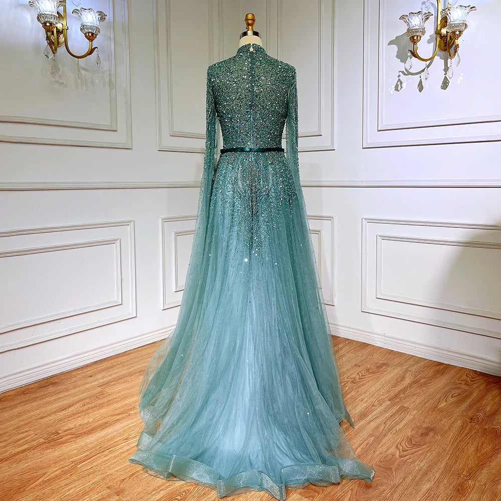 Blue A-Line Evening Dress with High-End Beaded Cape Sleeves