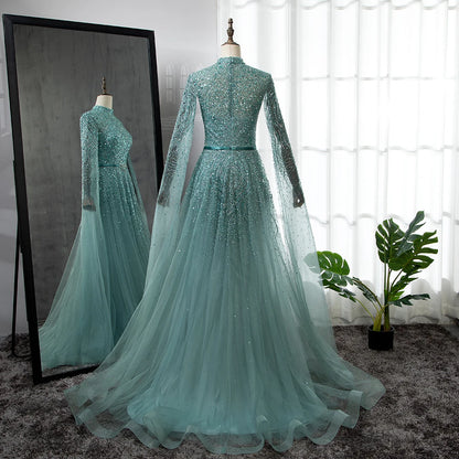 Blue A-Line Evening Dress with High-End Beaded Cape Sleeves