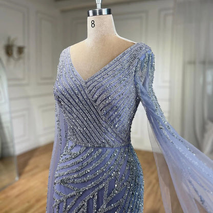 Vestido de noche de lujo con mangas de capa elegante con cuentas azules de sirena árabe para mujer fiesta de boda